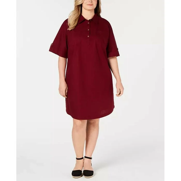 Women's Casual Park Solid Color Dresses-Karen Scott Women's Petite Cotton Shirtdress Red Size Small