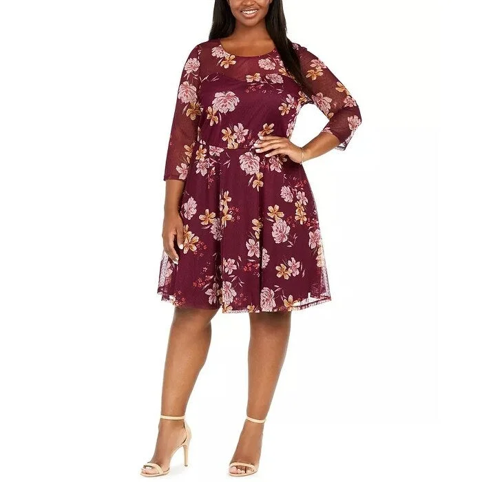 Women's Casual Raglan Sleeve Dresses-Love Squared Women's Plus Size Sweetheart Floral Swiss-Dot Dress Dark Red Size 1X