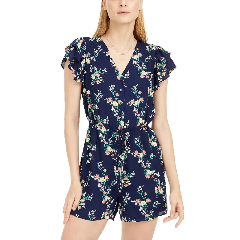 Women's Casual Wrap Dresses-Maison Jules Women's Floral-Print Ruffled-Sleeve Romper Navy Size XS