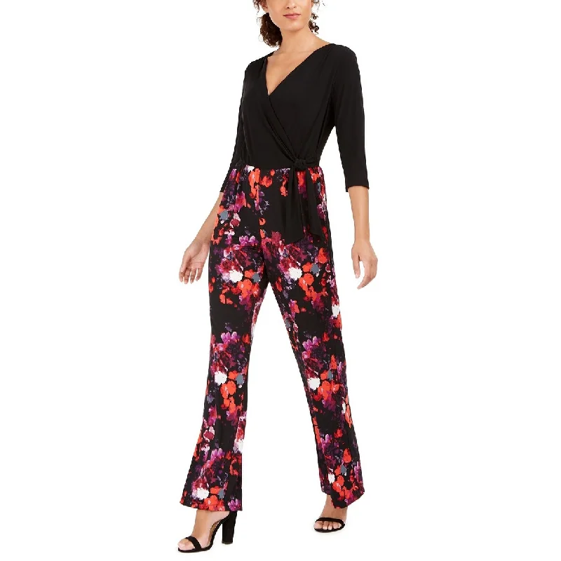 Women's Casual Festival Floral Dresses-NY Collection Women's Petite Printed Surplice Jumpsuit Black Size M