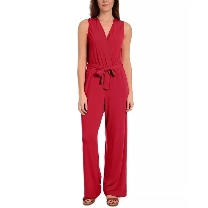 Women's Casual Festival Solid Color Dresses-NY Women's Collection Petite Surplice Wide-Leg Jumpsuit Red Size Petite Small - Petite-Small