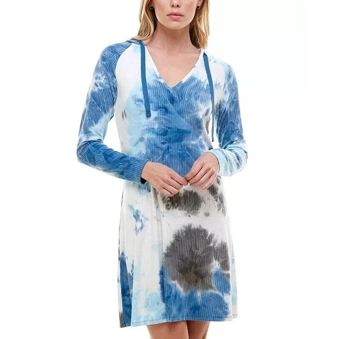 Women's Casual Shift Dresses-Planet Gold Junior's Tie Dyed Hoodie Dress Navy Size X-Large