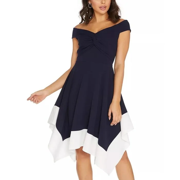 Women's Casual Brunch Floral Dresses-QUIZ Women's Off The Shoulder Contrast Hem Dress Navy Size 10