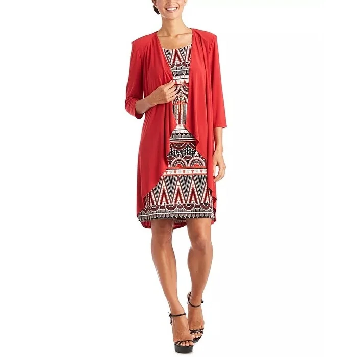 Women's Casual Weekend Solid Color Dresses-R & M Richards Women's Draped Jacket & Printed Dress Set Red Size 14 P - 14P