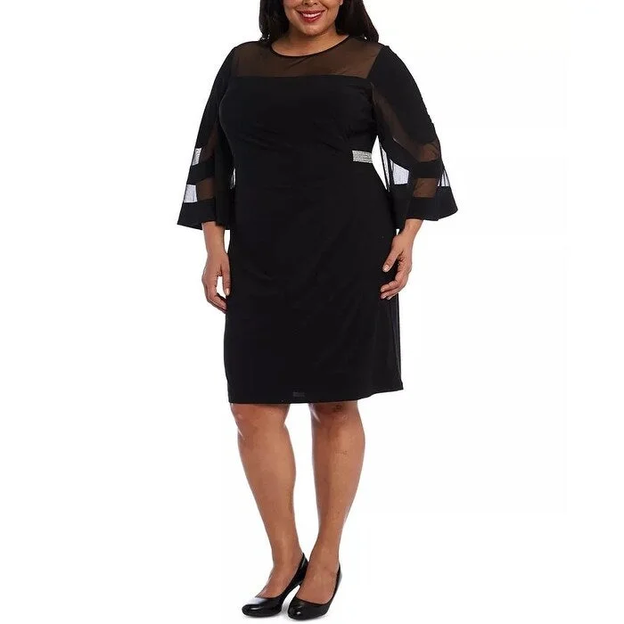 Women's Casual Knotted Dresses-R & M Richards Women's Illusion Detail Bell Sleeve Dress Black Size 18W