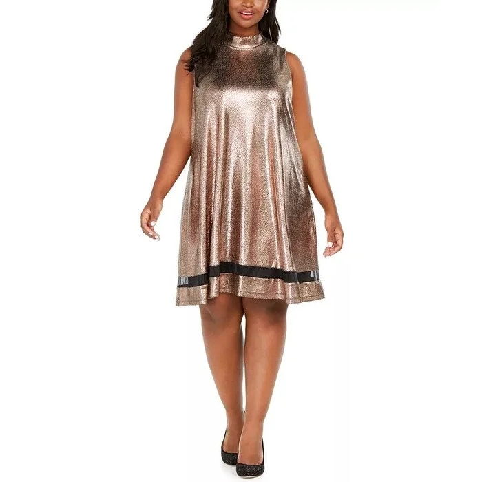 Women's Casual Babydoll Dresses-Robbie Bee Women's Plus Metallic Illusion Trapeze Dress Gold Size 2X