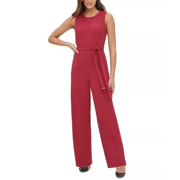 Women's Casual Puff Sleeve Dresses-Tommy Hilfiger Women's Crepe Belted Jumpsuit Dark Red Size 16