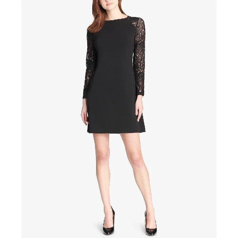 Women's Casual Day Floral Dresses-Tommy Hilfiger Women's Lace-Sleeve A-Line Dress Black Size 6