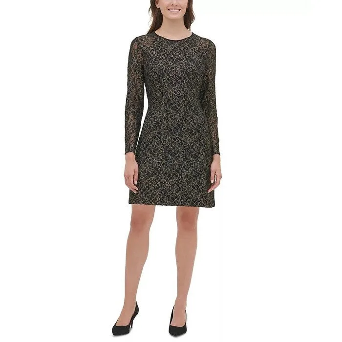 Women's Casual Brunch Floral Dresses-Tommy Hilfiger Women's Metallic Lace A-Line Dress Black Size 6