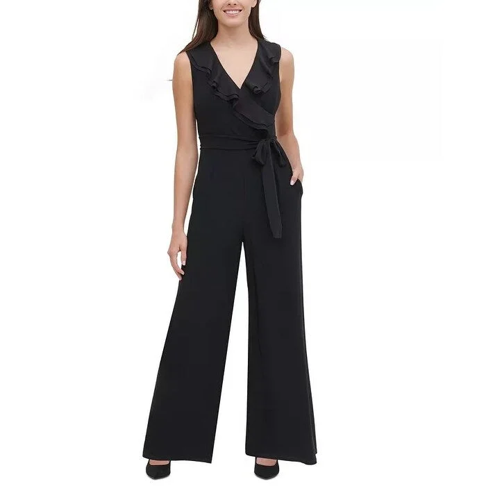 Women's Casual Modern Dresses-Tommy Hilfiger Women's Ruffled Wide-Leg Jumpsuit Black Size 14