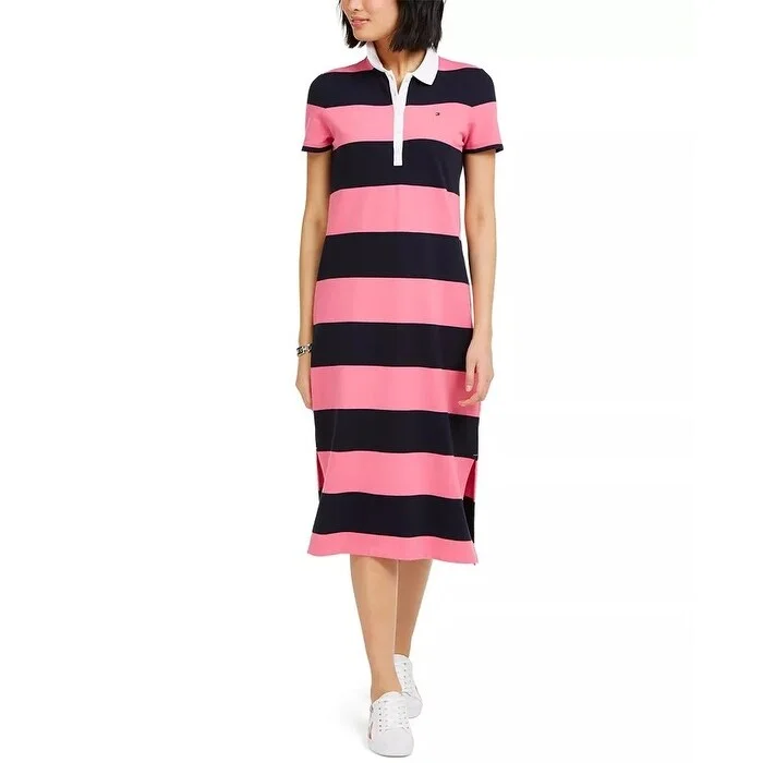 Women's Casual Swing Dresses-Tommy Hilfiger Women's Striped Polo-Neck Dress Pink Size Extra Small - X-Small