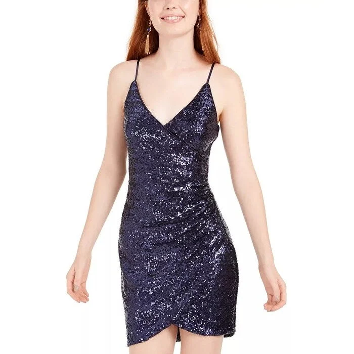 Women's Casual Picnic Floral Dresses-Trixxi Junior's Surplice Sequined Dress Navy Size 3