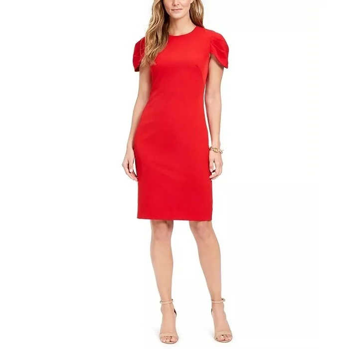 Women's Casual Travel Dresses-Vince Camuto Women's Pleat Cap Sleeve Crepe Sheath Dress Red Size 12