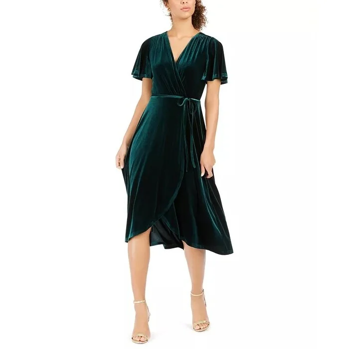 Women's Casual Fashion Dresses-Vince Camuto Women's Velvet Faux-Wrap Dress Dark Green Size 0