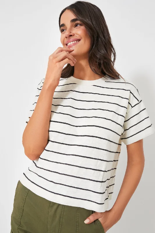 White and Black Stripe Heavy Slub Boxy Crew Crop Tee