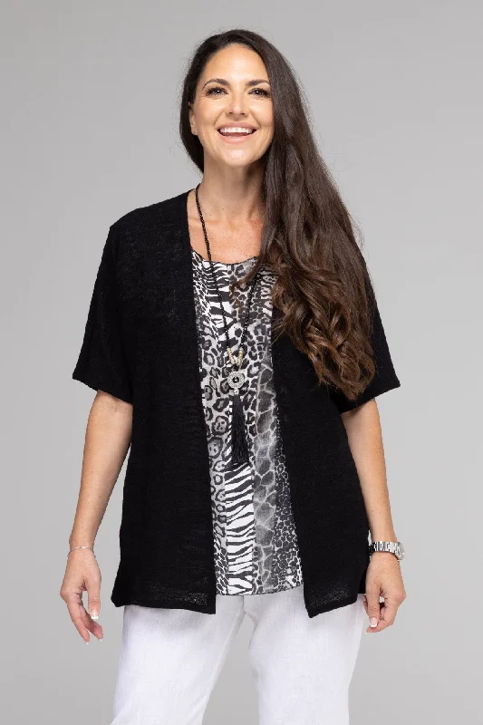 Women's V-Neck Cardigans-Black Haven Poly/Rayon Knit Short Sleeve Cardigan