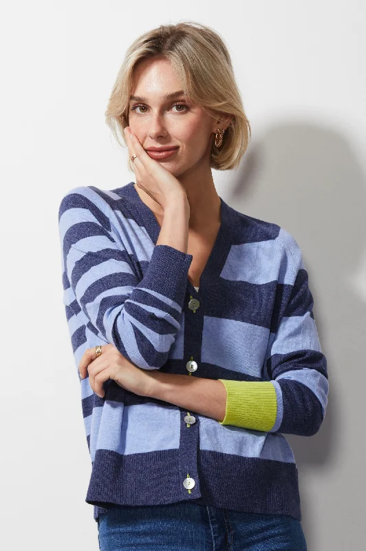 Women's Slit Ruffle Cardigans-Multi Stripe Cardigan - Denim