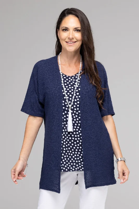 Women's Vacation Cardigans-Navy Haven Poly/Rayon Knit Short Sleeve Cardigan