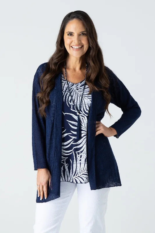 Women's Thermal A-Line Cardigans-Navy Poly Rayon Long Sleeve Cardigan