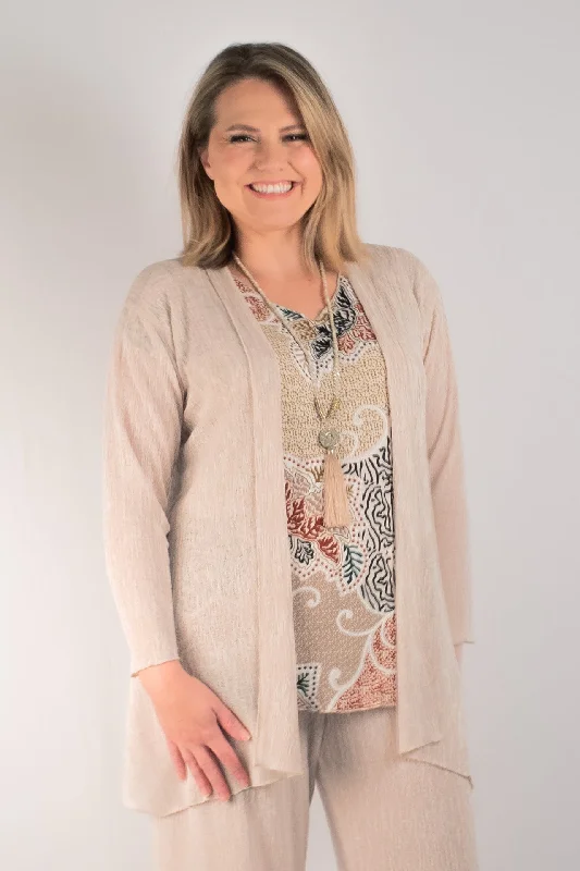 Women's Textured Ruffle Cardigans-Sand Haven Poly/Rayon Long Sleeve Cardigan