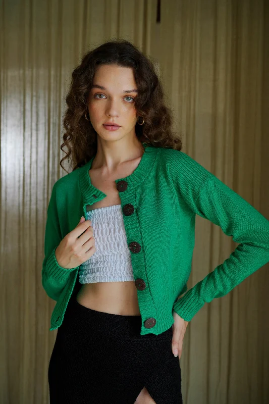 Women's Thermal Ruffle Cardigans-Victoria Coconut Button Cardigan in Forest Green