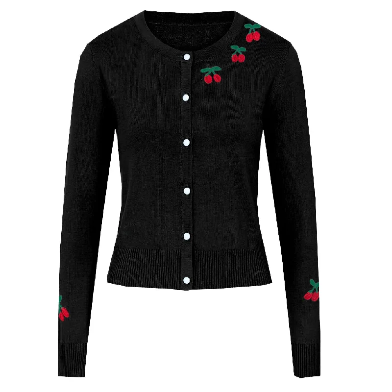 Women's Low-Waisted Ruffle Cardigans-Women's black cherry vintage cardigan sweater