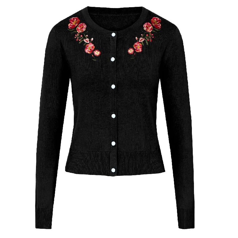 Women's Maxi Denim Cardigans-Women's black embroidered floral cardigan sweater