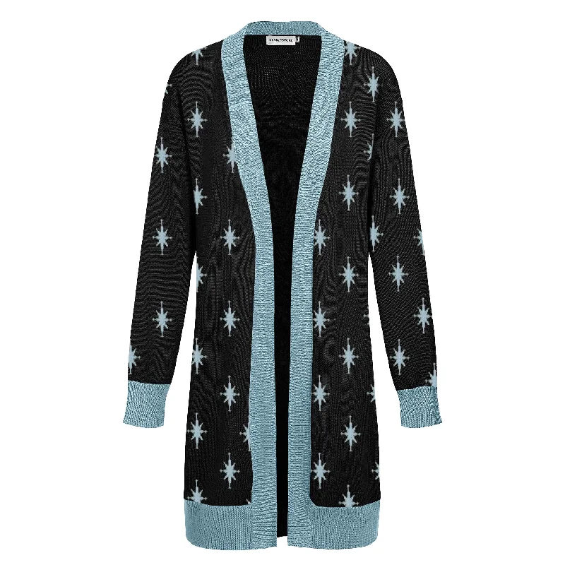 Women's Ribbed A-Line Cardigans-Women's blue vintage long cardigan sweater coat