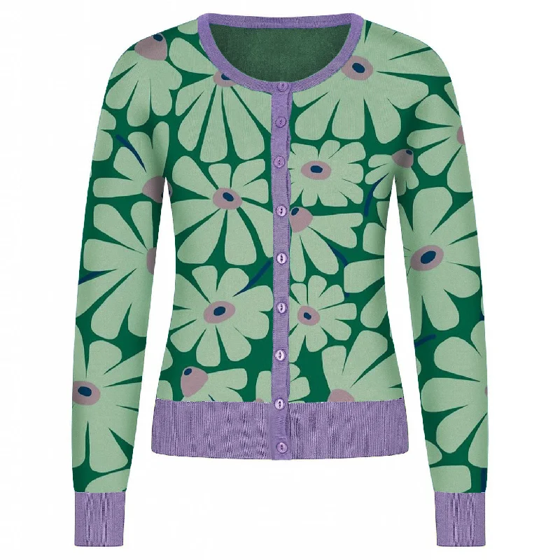 Women's Metallic Denim Cardigans-Women's green floral apple cardigan sweater