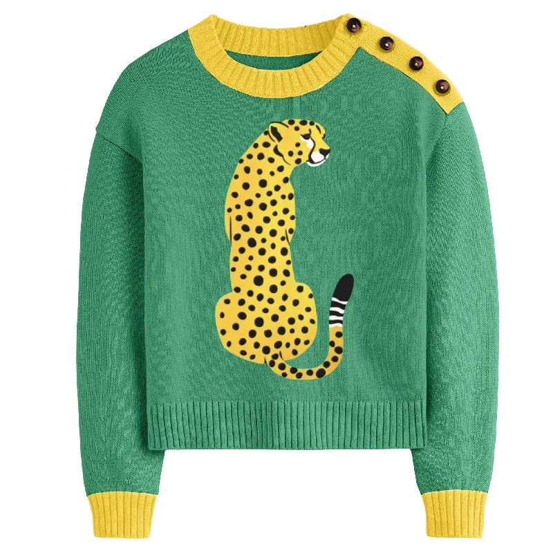 Women's Running Cardigans-Women's green leopard jacquard sweater