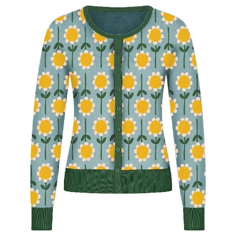 Women's Long Cardigans-Women's green sunflower cardigan sweater