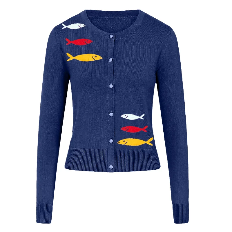 Women's Loose Fit Cardigans-Women's navy blue fashion cardigan sweater