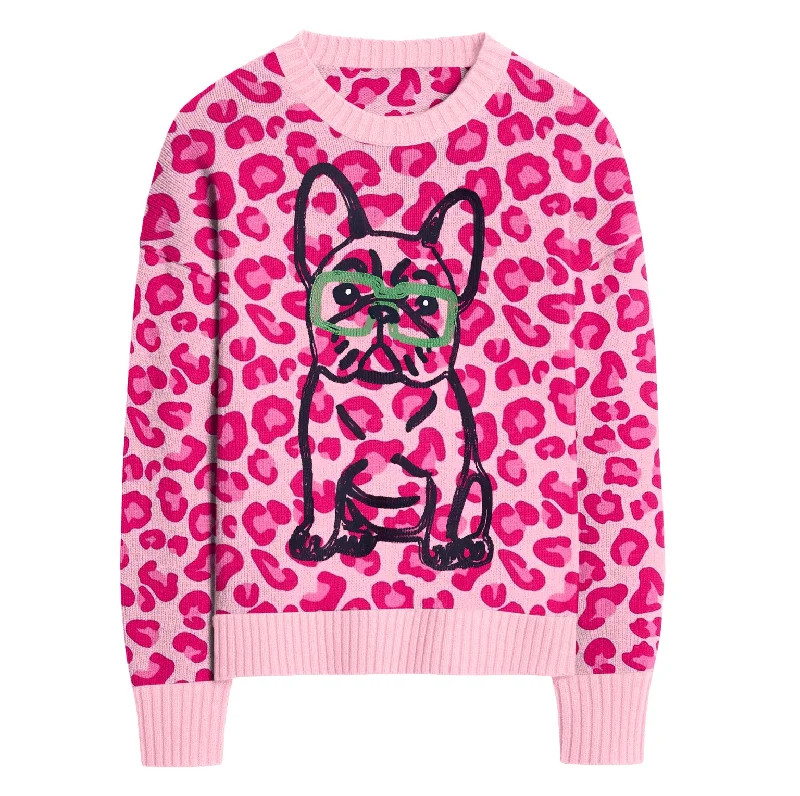 Women's Ribbed Pencil Cardigans-Women's pink leopard print French bulldog sweater