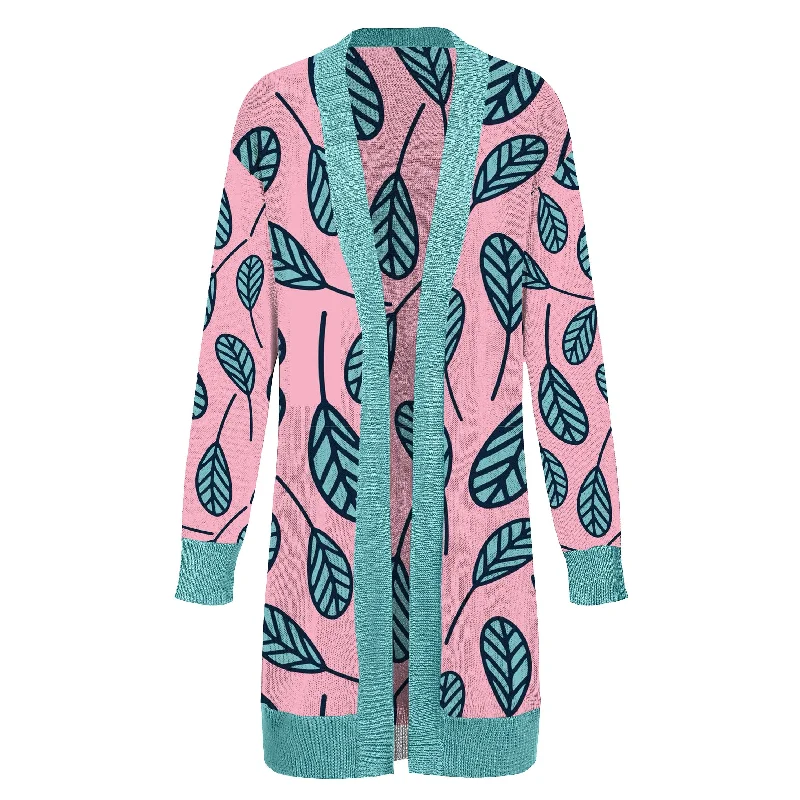 Women's Ribbed Floral Cardigans-Women's pink vintage long cardigan sweater coat