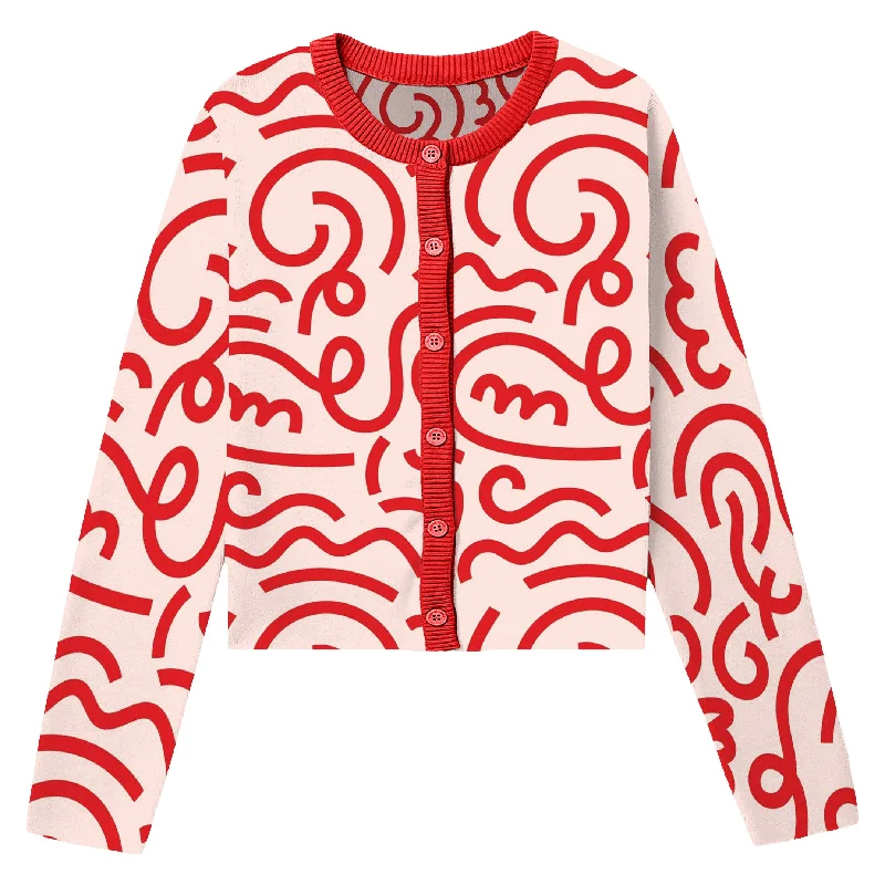 Women's Low-Waisted Pencil Cardigans-Women's red jacquard vintage cardigan sweater