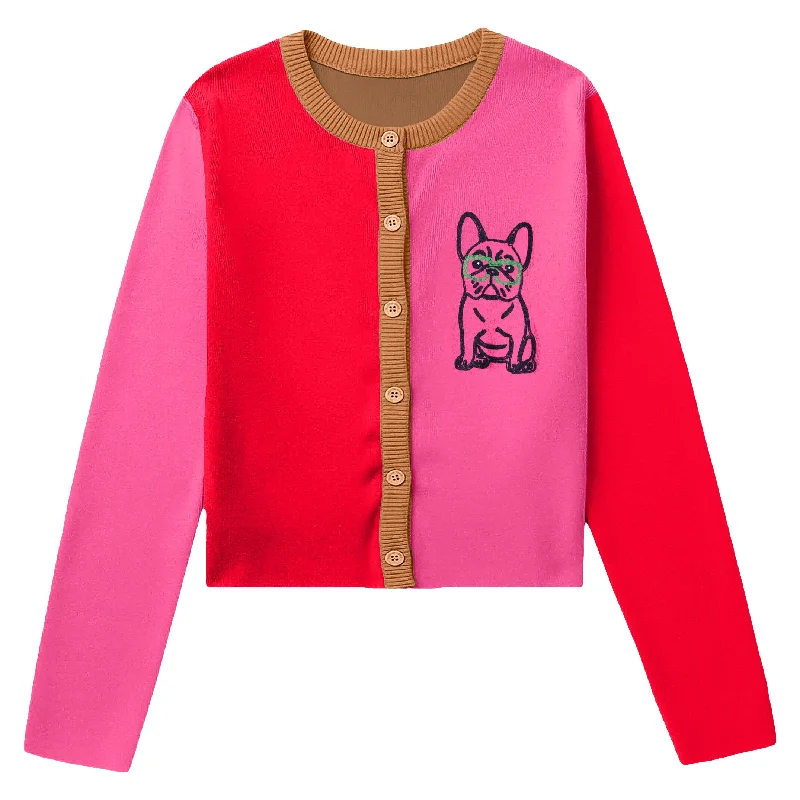 Women's Metallic Pleated Cardigans-Women's red matching pug cardigan sweater