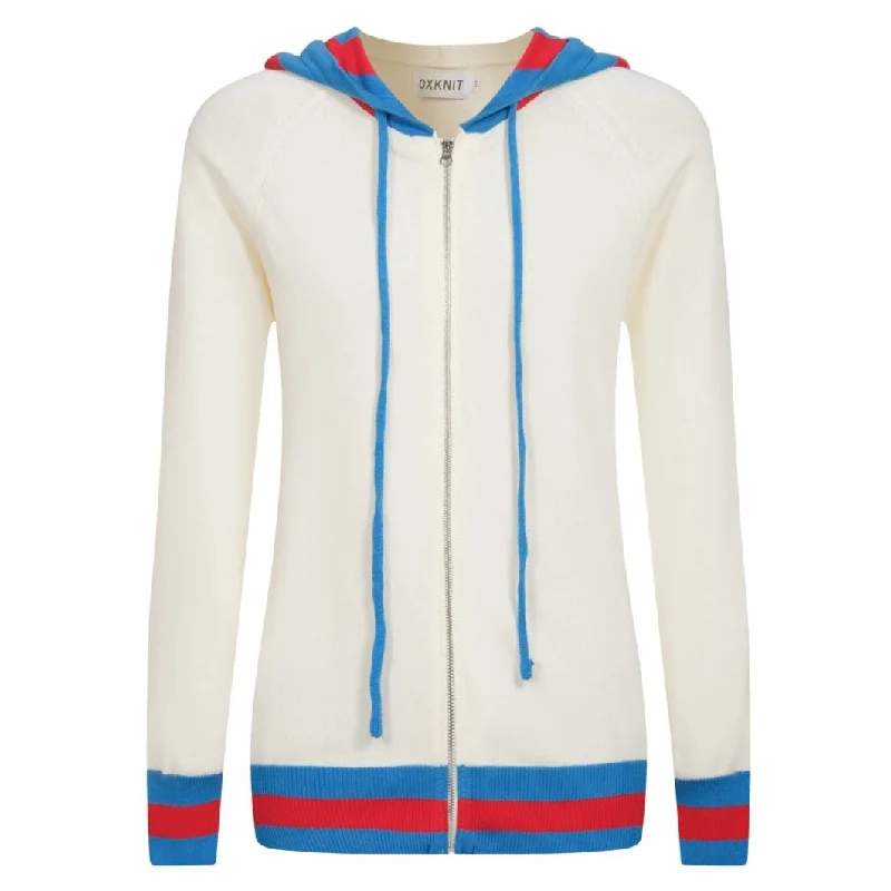 Women's Quick-Dry Cardigans-Women's white vintage knit hoodie cardigan