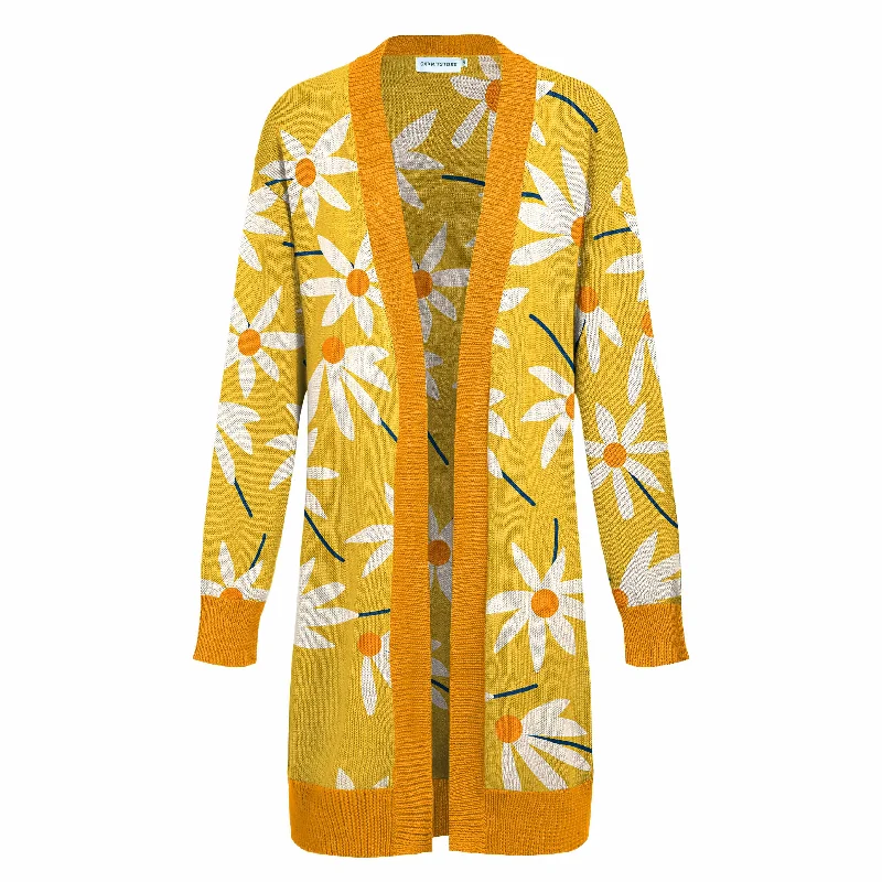 Women's Open Cardigans-Women's yellow sunflower cardigan long knit top