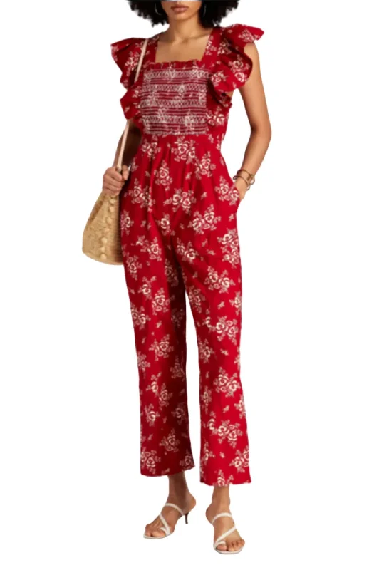 Women's Split Leg Pants-Alessia Print Smocked Jumpsuit In Red