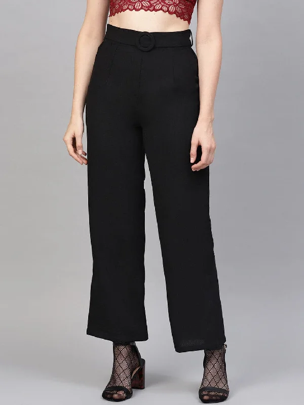 Women's Hiking Pants-Black Flared Buckle Belted Pant