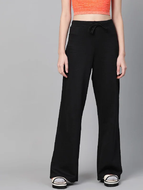 Women's Double Stripe Pants-Black Terry Wide Leg Drawstring Pants