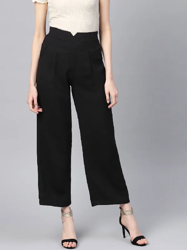 Women's Low Rise Pants-Black Wide Leg Trousers