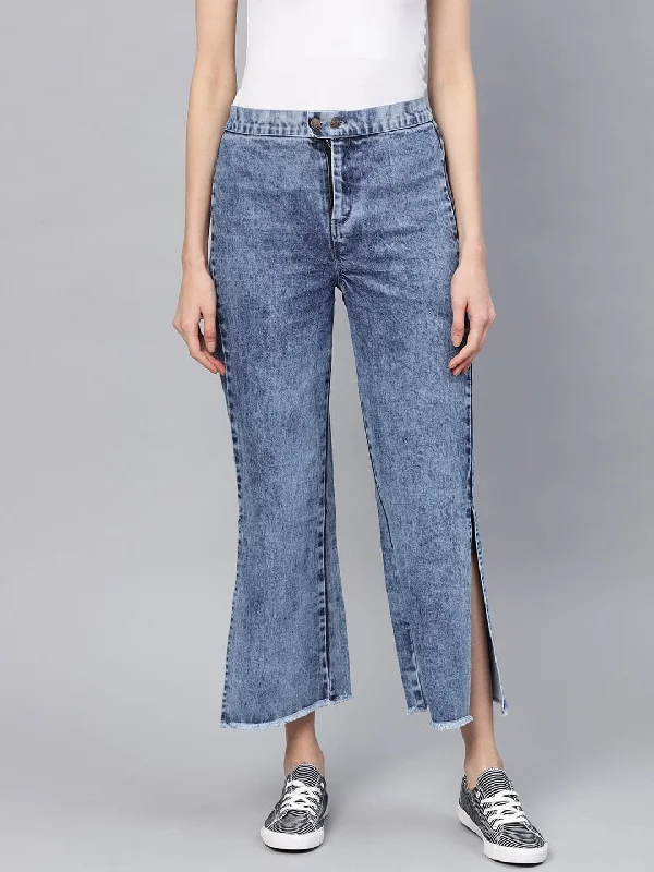 Women's Formal Pants-Blue Denim Acid Wash Side Slit Pants