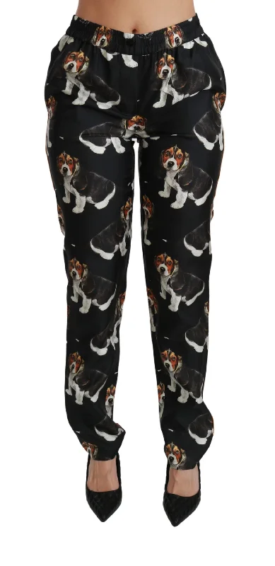 Women's Lounge Pants-Dolce & Gabbana Elegant Silk Puppy Dog Print Women's Pants