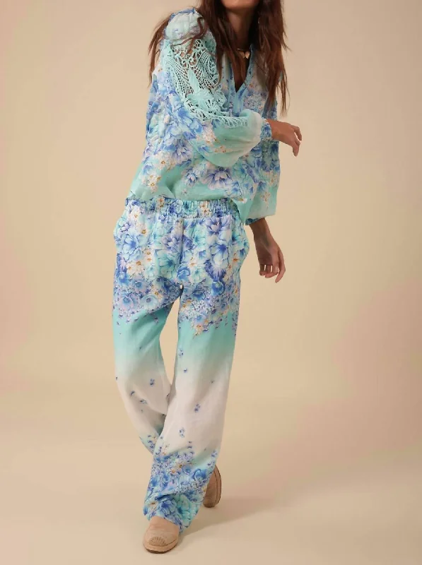 Women's Novelty Print Pants-Emersyn Linen Pants In Blue Floral