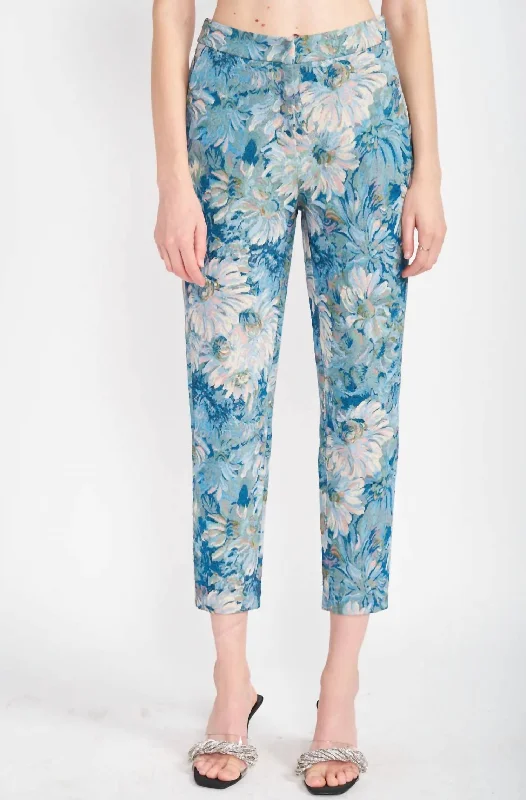 Women's Comfy Pants-Floral Jacquard Trousers In Blue