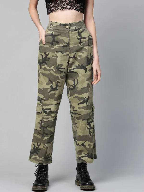 Women's Concert Pants-Green Camouflage Twill Side Pocket Pants