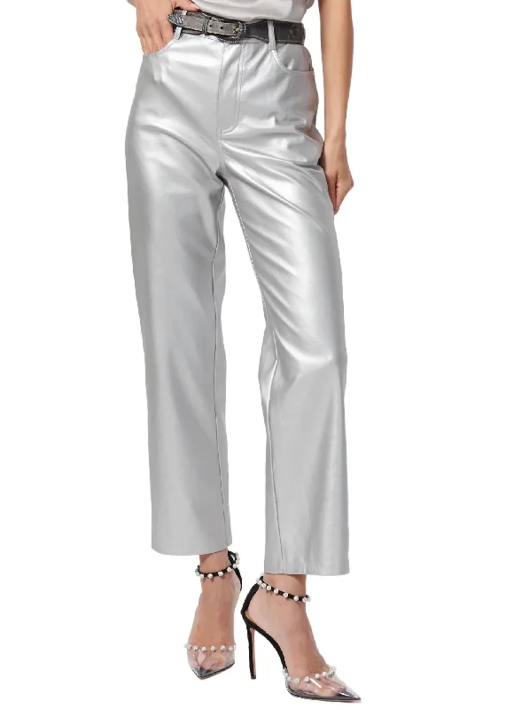 Women's Linen Pants-Hanie Vegan Leather Pant In Silver