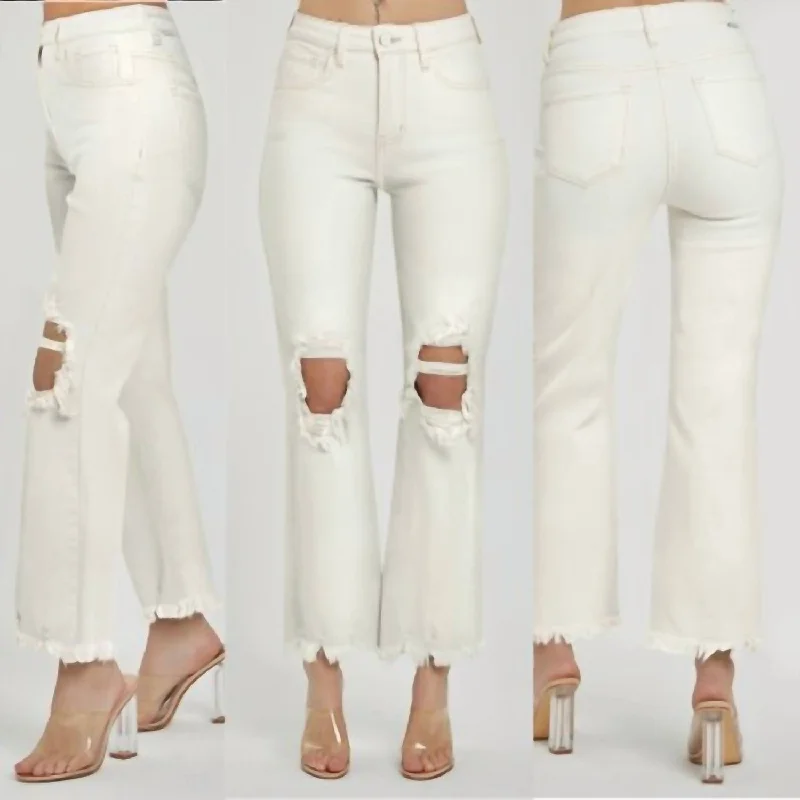 Women's Double-Waist Pants-Knee Distressed Straight Leg Hi-Rise Jeans In Cream