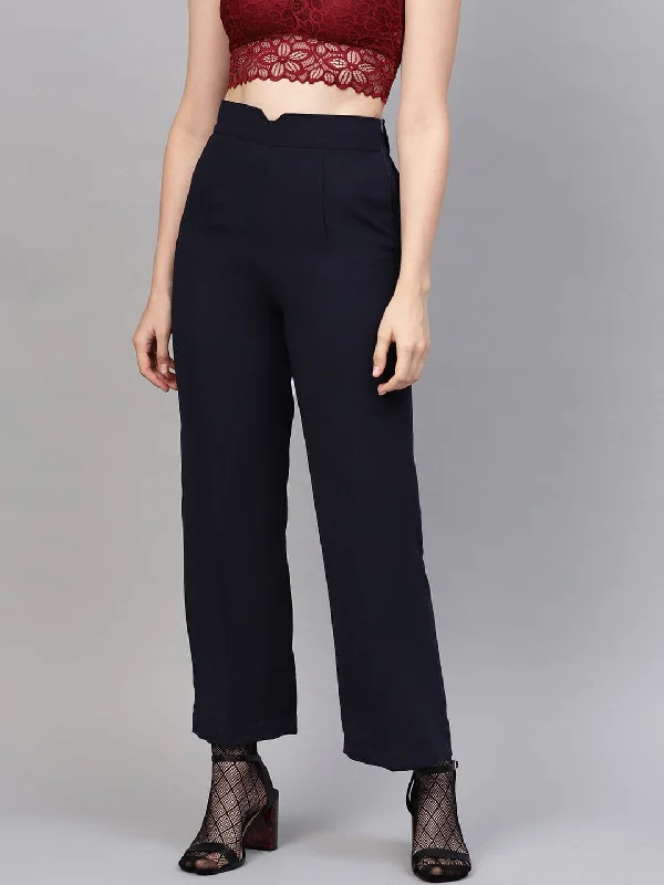 Women's Geometric Print Pants-Navy Side Zipper Pant